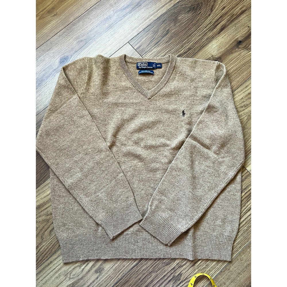 Polo Ralph Lauren Lambswool V-Neck Sweater Mens XXL Tan Beige Italian Yarn Pony